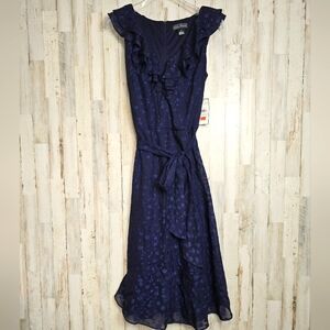 Jessica Howard Sleeveless Maxi Dress 10 Navy Blue Polka Dot Belted V-neck NWT